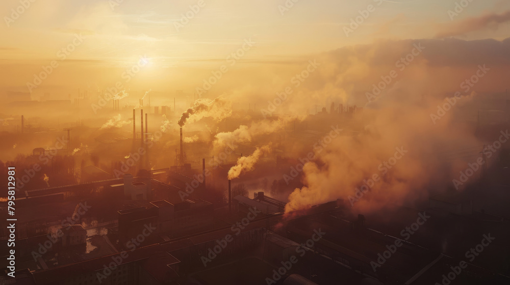 Aerial perspective of a polluted city at sunset, highlighting environmental concerns