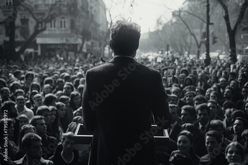 A speaker seen from behind, addressing a shadowed crowd.
