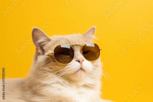 cat wearing sunglasses is enjoying the sunshine on clear yellow background photo