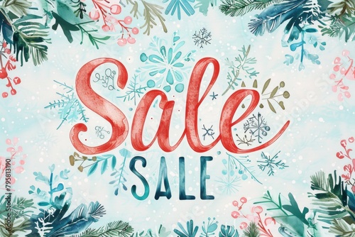 Festive sale lettering with winter botanicals and snow on a painted pastel background photo
