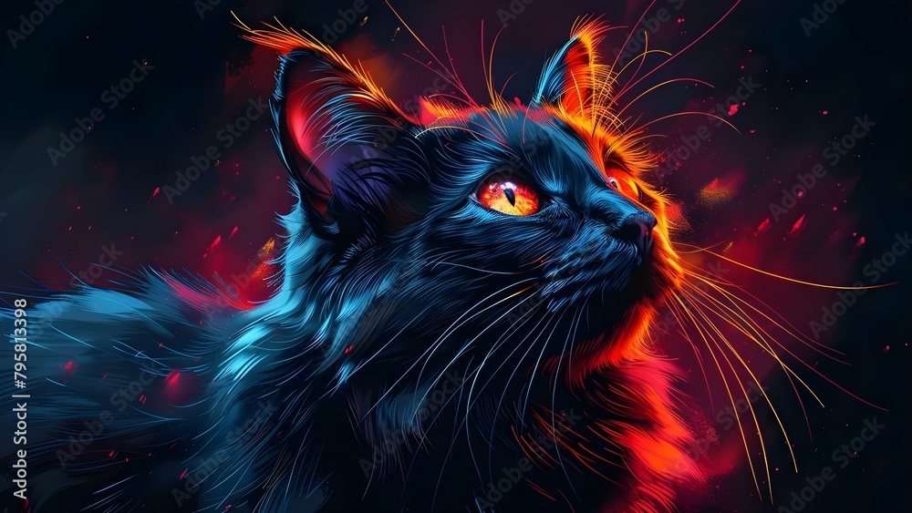 Vibrant illustrations of animals with personality, showcasing a cat with fiery eyes. Concept Animal Illustrations, Vibrant Colors, Personality, Cat Art, Fiery Eyes