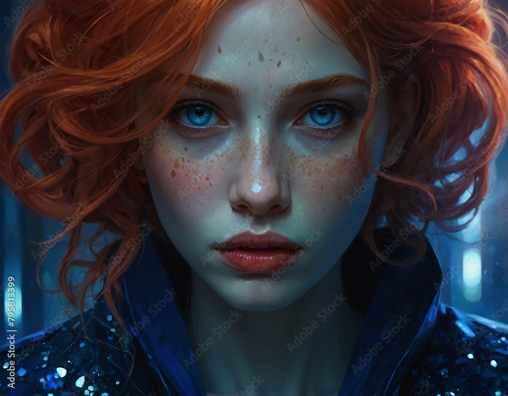 A Video Game Character Portrait Artwork Featuring a Redhead Woman with Enigmatic Blue Eyes, AI Generative A Video Game Character Portrait Artwork Featuring a Redhead Woman with Enigmatic Blue Eyes, AI Generative