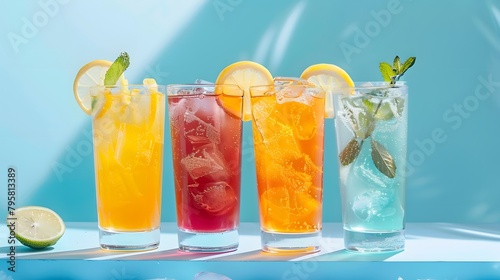 Iced beverages or lemonade in tall glasses