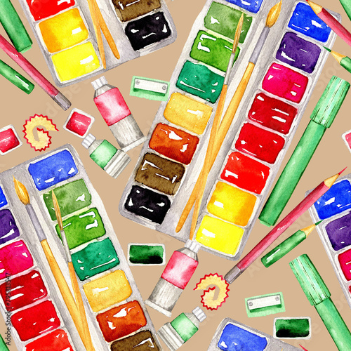 Set of watercolor paints with brushes, red pencil, pen, marker, sharpener, watercolor tubes, pattern on beige background