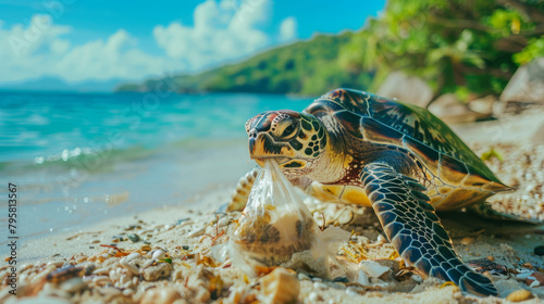 Sea turtle beside a plastic bag illustrates ocean pollution on a sunny beach