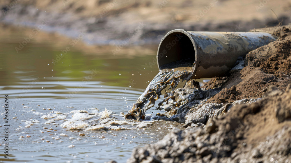 Industrial wastewater released from a pipe contaminating a natural water body in close-up view Industrial wastewater released from a pipe contaminating a natural water body in close-up view