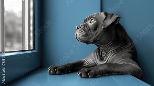 Sad dog looking out the window. 3D illustration. Selective focus.