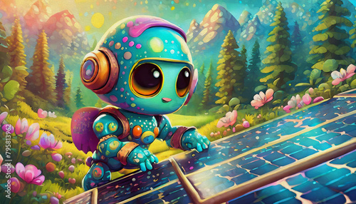 oil painting style CARTOON CHARACTER CUTE robot installing solar panels on a sunny day