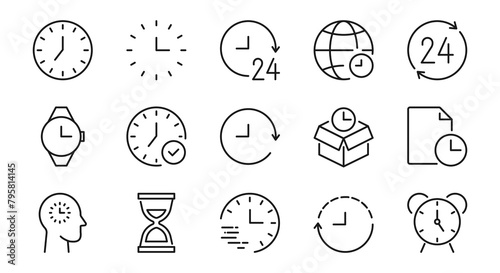 Clock and time line icons. Timing, timer, alarm, watch, hour sign or symbol. Isolated on a white background. Pixel perfect. Editable stroke. 64x64.