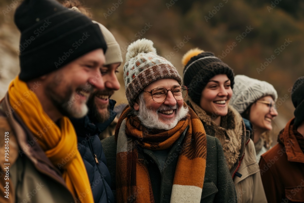 Group of friends walking in the autumn forest. Group of friends having fun outdoors. Group of friends walking in the autumn forest. Group of friends having fun outdoors.