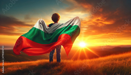 Child embracing the horizon, draped in the Bulgarian flag at sunset.