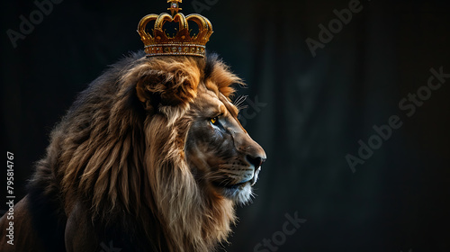 The lion stands tall, its head turned slightly to the side, revealing its profile. Its mane is thick and luxurious, enveloping its neck and shoulders. photo