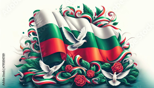 Stylized Bulgarian flag with doves and roses.