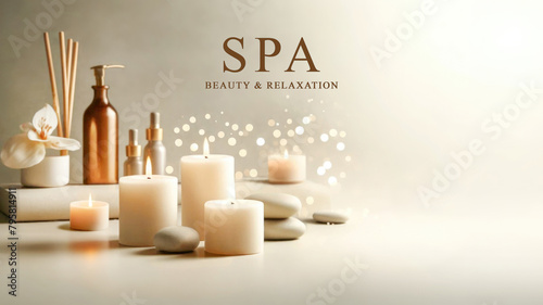 Soft candle glow with elegant spa accessories.