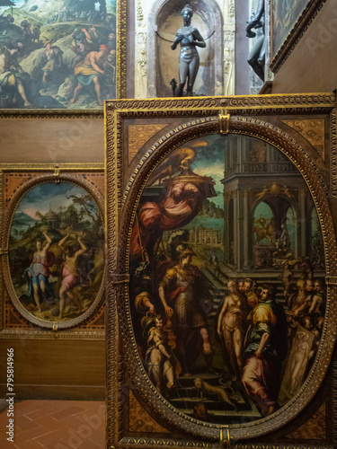 Secret door with painting decoration in one of the secret rooms of Florence Palazzo Vecchio