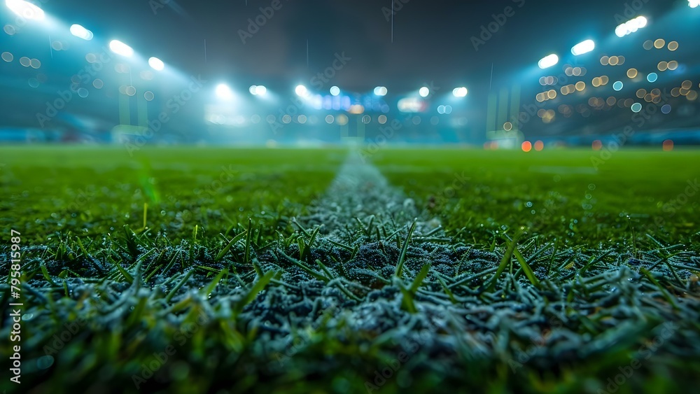 Green football field under stadium lights for professional sporting events worldwide. Concept Sports Events, Stadium Lights, Football Field, Global Sports, Professional Athletics