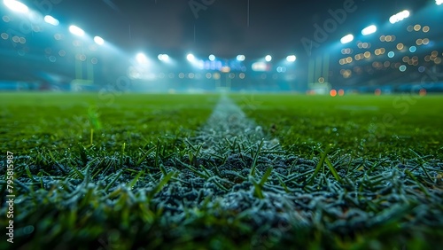 Green football field under stadium lights for professional sporting events worldwide. Concept Sports Events, Stadium Lights, Football Field, Global Sports, Professional Athletics © Ян Заболотний