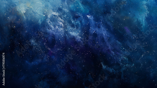 Vivid abstract artwork resembling a deep space nebula with blue tones and star-like specks