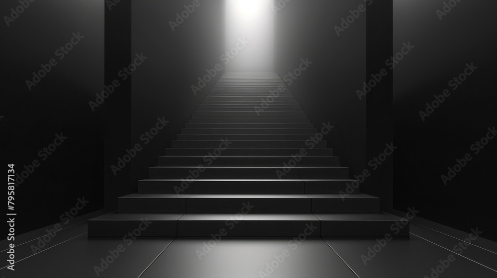 Minimalist portrayal of steps leading to a bright light in a dark setting Minimalist portrayal of steps leading to a bright light in a dark setting