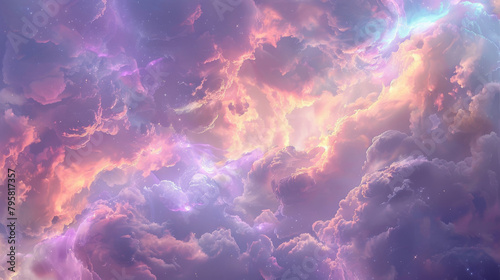 Enchanting digital artwork depicting a vibrant  dreamy cloudscape with cosmic energy