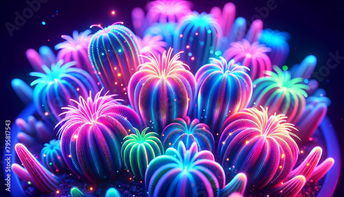Close-Up Macro Colorful Cacti with Sparkles and Glows, Vibrant Neon Background, Soft Dreamy Aesthetic, Radiant Glow Top-Down Perspective for Backgrounds and Design   © Anisgott