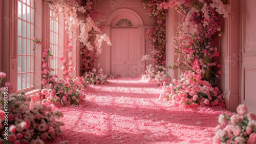 The background of the room for studio photos is pink in color and filled with beautiful flower decorations