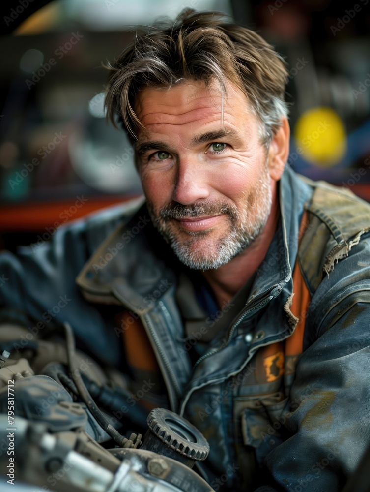 Fototapeta premium man working in auto repair shop and smiling.