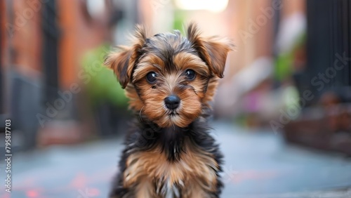 Adorable Yorkshire Terrier puppy with brown fur on the street. Concept #OutdoorPhotoshoot, #YorkshireTerrier, #BrownFur, #AdorablePuppy, #StreetPortrait photo