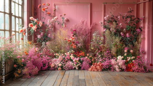 The background of the room for studio photos is pink in color and filled with beautiful flower decorations