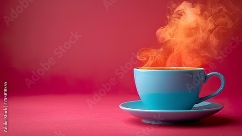 A blue coffee cup rests on a blue saucer, while hot coffee emits gentle streams of steam on a red background. Cup of hot coffee with copy space.