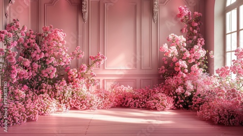 The background of the room for studio photos is pink in color and filled with beautiful flower decorations