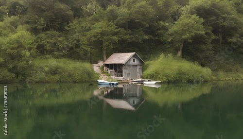 A tranquil lakeside with a rustic boathouse upscaled 2