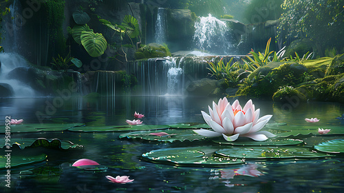 a blooming lotus flower gently floating on serene waters. The scene is surrounded by lush greenery, moss-covered rocks, and cascading waterfalls
