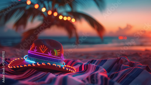 colorful neon-lit sombrero on a striped beach towel at sunset with palm trees photo