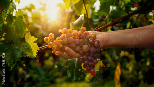 Farmer holding a bunch of grapes in the beautiful morning sunlight, ripe plump grapes on the vine sparkling in the sun, showing the beauty of nature,  photo