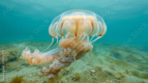 Jellyfish swimming in the ocean under the clear blue sky