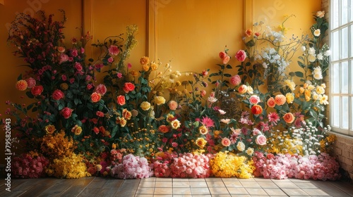 The background of the room for studio photos is yellow in color and filled with beautiful flower decorations