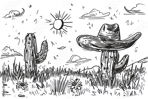 simplistic pen sketch of a cactus with a sombrero in a desert landscape under the sun