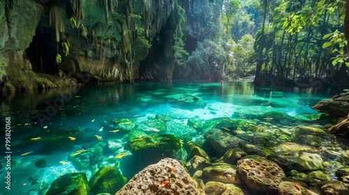 A serene river flows through rocky forest