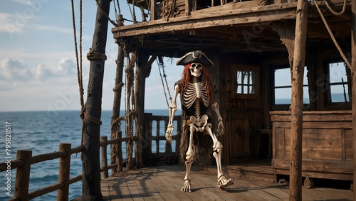 A skeleton dressed as a pirate, complete with a tattered hat and a wooden leg, standing on the deck of a ghost ship ai_generative