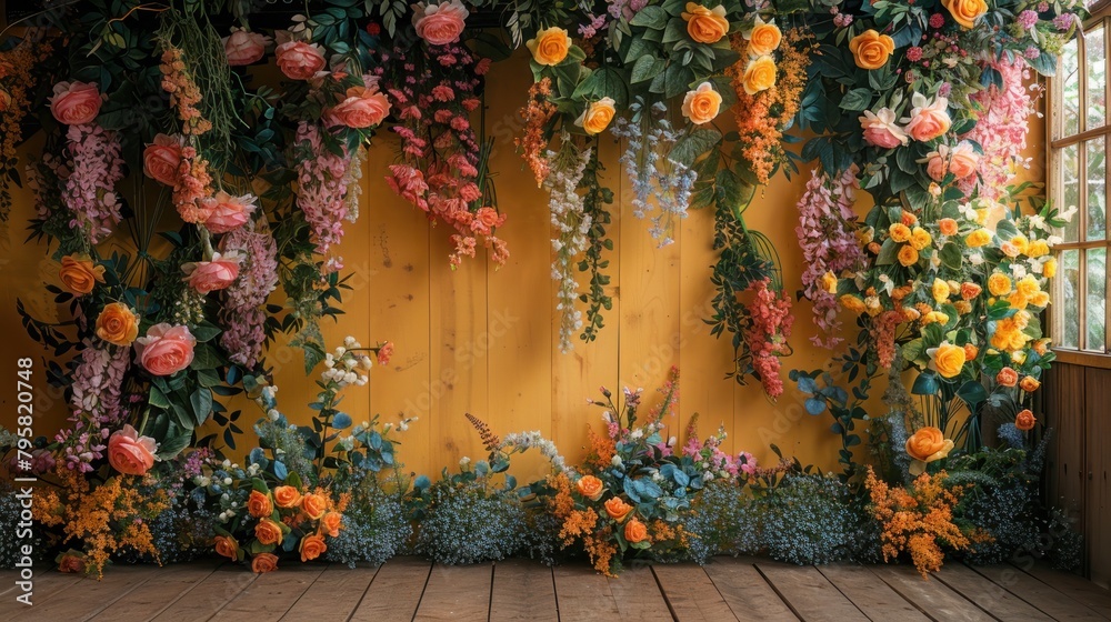 The background of the room for studio photos is yellow in color and filled with beautiful flower decorations The background of the room for studio photos is yellow in color and filled with beautiful flower decorations