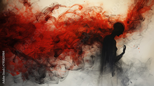 Man materializing from swirling red and black smoke abstract ink