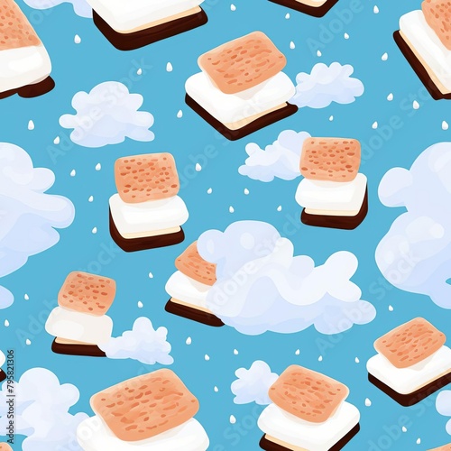 A field of fluffy Marshmallows roasting over a miniature campfire made of chocolate, with graham crackers scattered around, seamless background, photo