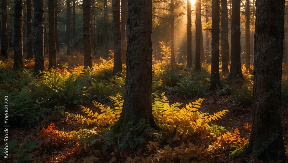 Obraz premium A forest during golden hour, where the setting sun casts a warm, golden glow over the multi-colored leaves ai_generative