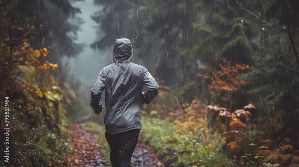 athlete runner in grey sports jacket in forest trail