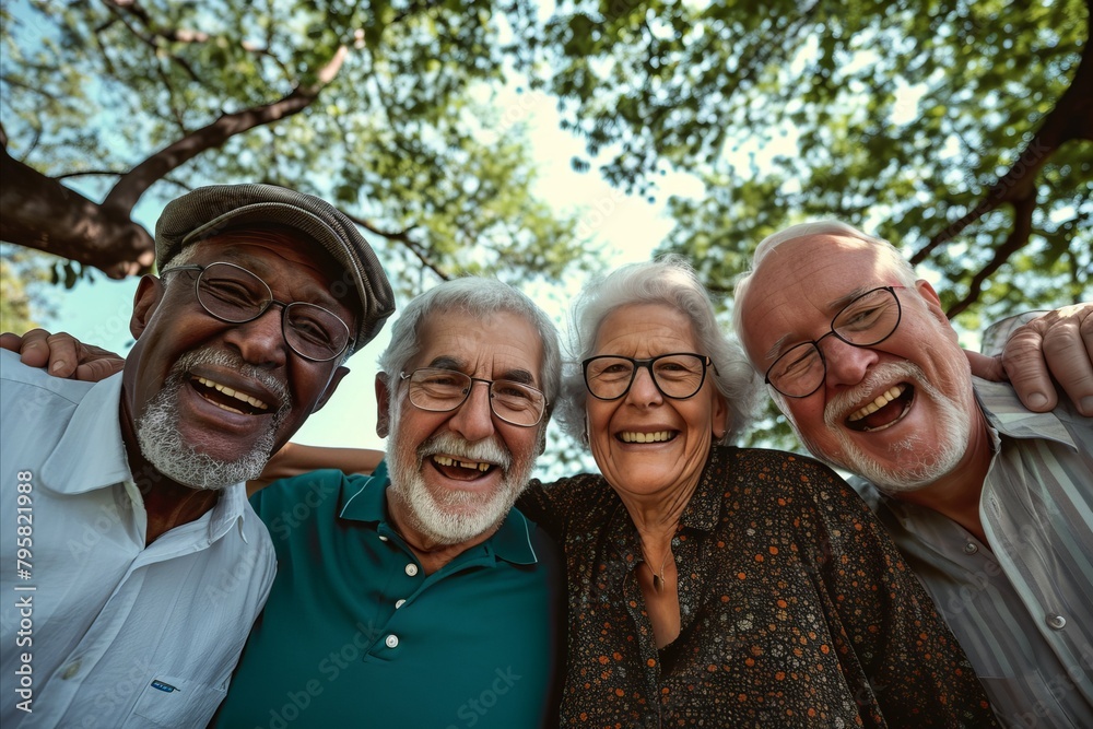 Group of senior friends having fun together in the park. Multiethnic group of seniors bonding outdoors. Group of senior friends having fun together in the park. Multiethnic group of seniors bonding outdoors.