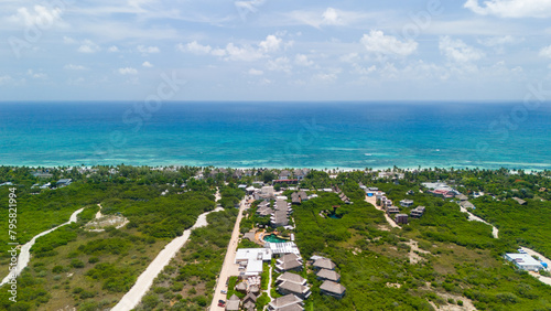 Fototapeta Naklejka Na Ścianę i Meble -  Aerial drone view of Tulum beach in Mexico