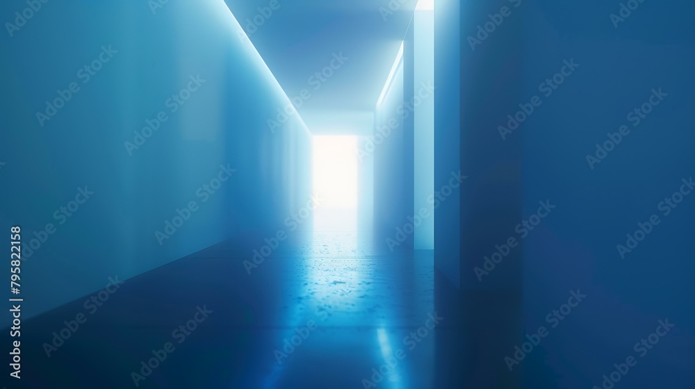 3d illustration of blue corridor with light in the end. Abstract background