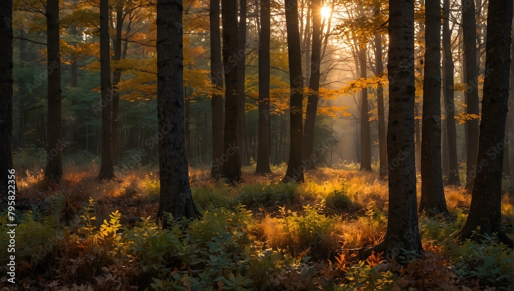 A forest during golden hour, where the setting sun casts a warm, golden glow over the multi-colored leaves ai_generative A forest during golden hour, where the setting sun casts a warm, golden glow over the multi-colored leaves ai_generative