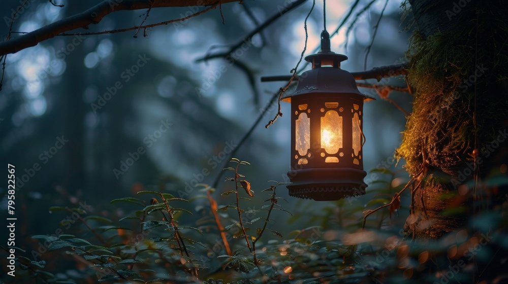 Glowing lantern in the forest Glowing lantern in the forest